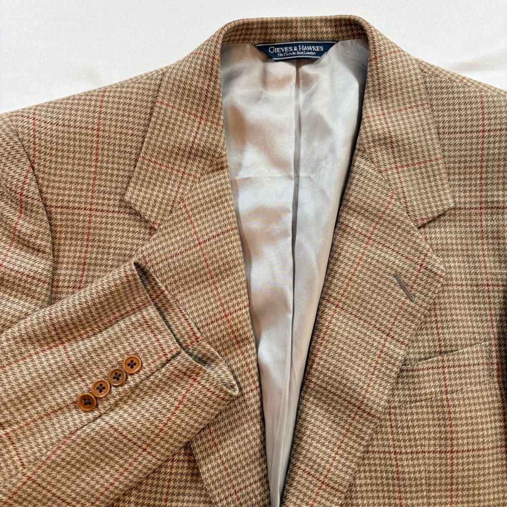 Gieves & Hawkes Sport Coat Mens 40 Regular Silk Wool Houndstooth Blazer Tan A363